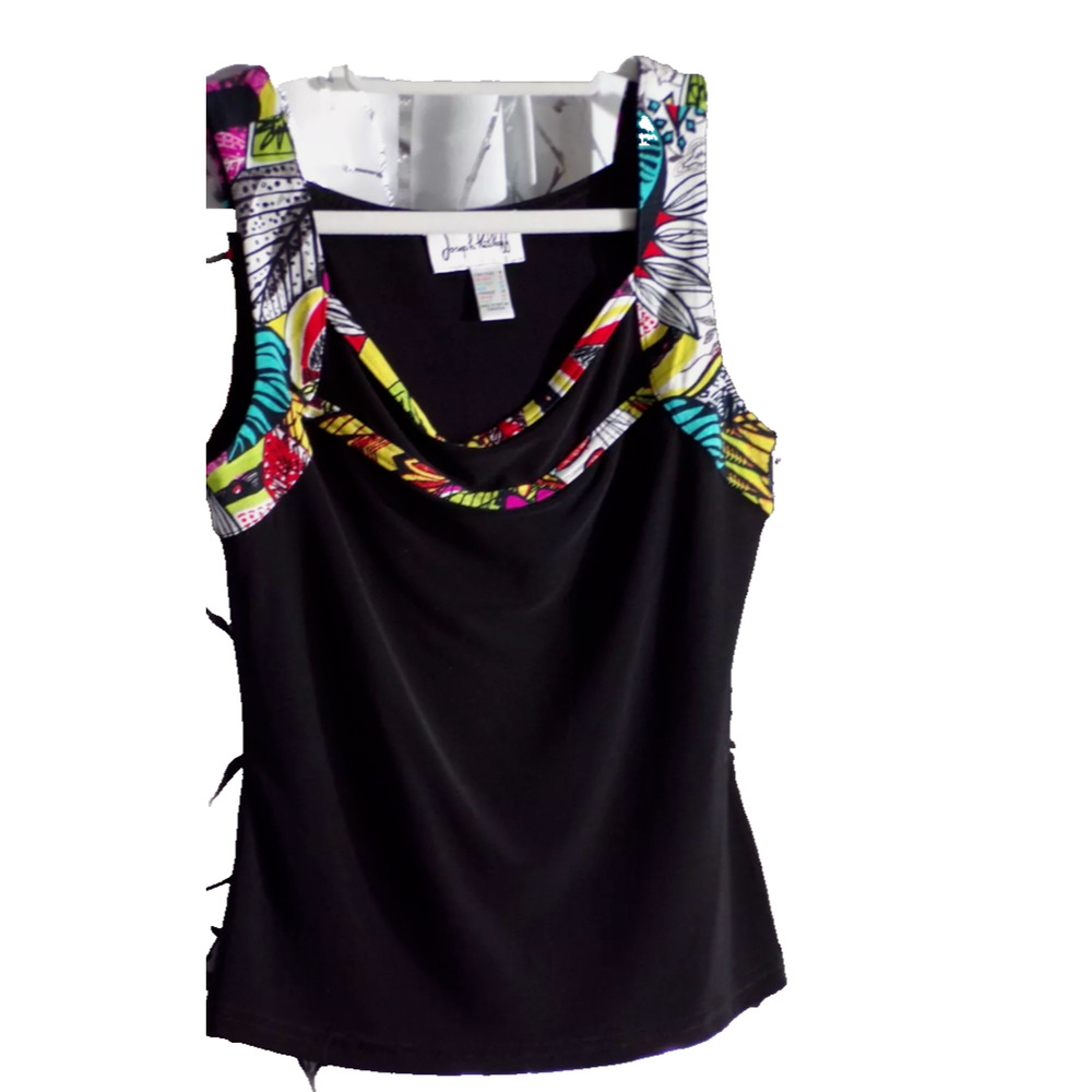 Joseph Ribkoff Womens Black Sleeveless Top Multi Color Tropical Straps Size 12